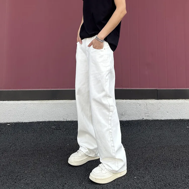 QUALCOMM秋季新款极简白色牛仔裤男女同款潮流百搭宽松直筒阔腿裤