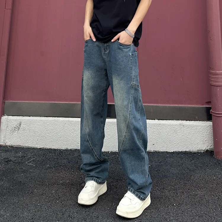 QUALCOMM美式复古重磅工装牛仔裤男秋冬新款宽松直筒裤弯刀阔腿裤