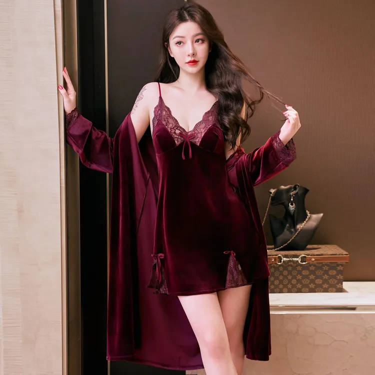 2024新款金丝绒性感睡衣女春秋冬季蕾丝网红爆款私房吊带睡裙睡袍