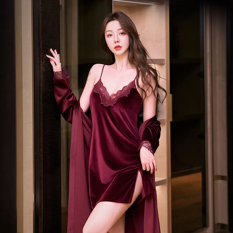 金丝绒性感睡衣女春秋冬季2025新款蕾丝高级感纯欲爆款吊带睡裙袍