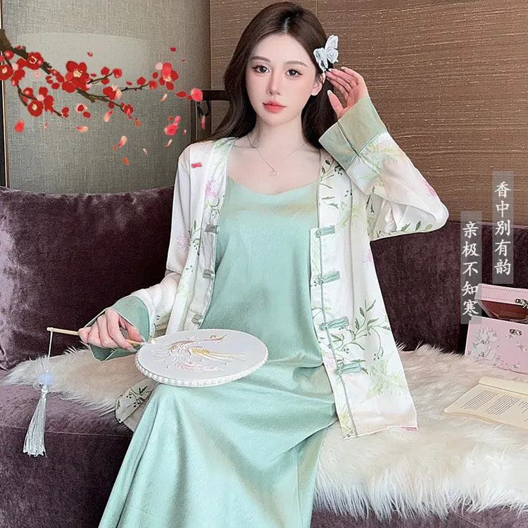 冰丝性感睡衣女秋冬季2024年新款国风带胸垫高级吊带睡裙家居服