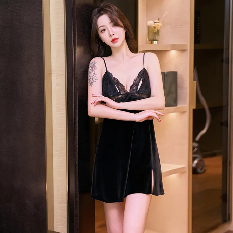 金丝绒性感睡衣女士春秋冬季2024年新款蕾丝网红爆款套装吊带睡裙