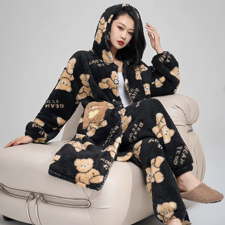 2024新款睡衣女秋冬季珊瑚绒加厚加绒连帽睡袍大码家居服爆款套装