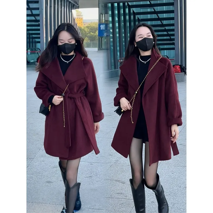 高端韩系立领系带羊毛大衣女2025秋冬新款气质中长款毛呢外套6560