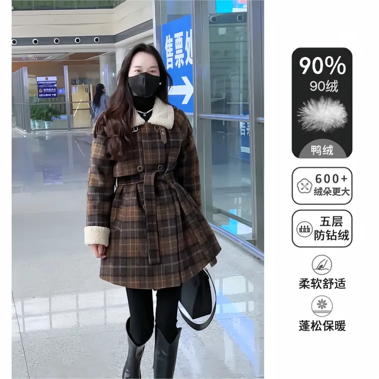 [JIALIYING]新款韩系格纹系带收腰羽绒大衣毛毛袖6711