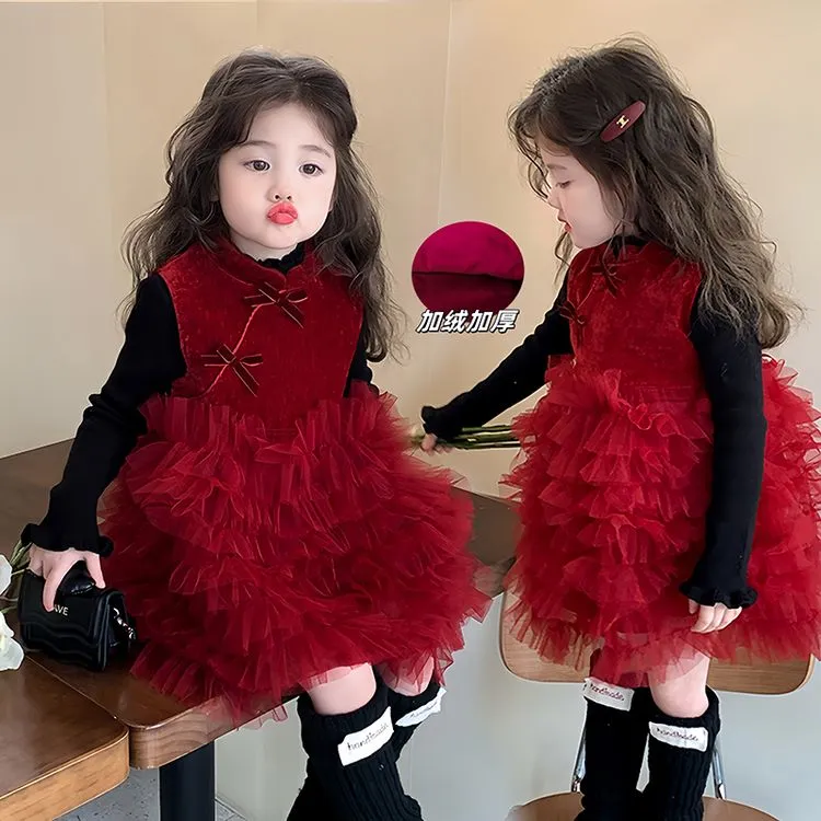 女童连衣裙秋冬季2025新款加绒女宝宝周岁拜年礼服儿童装公主裙子