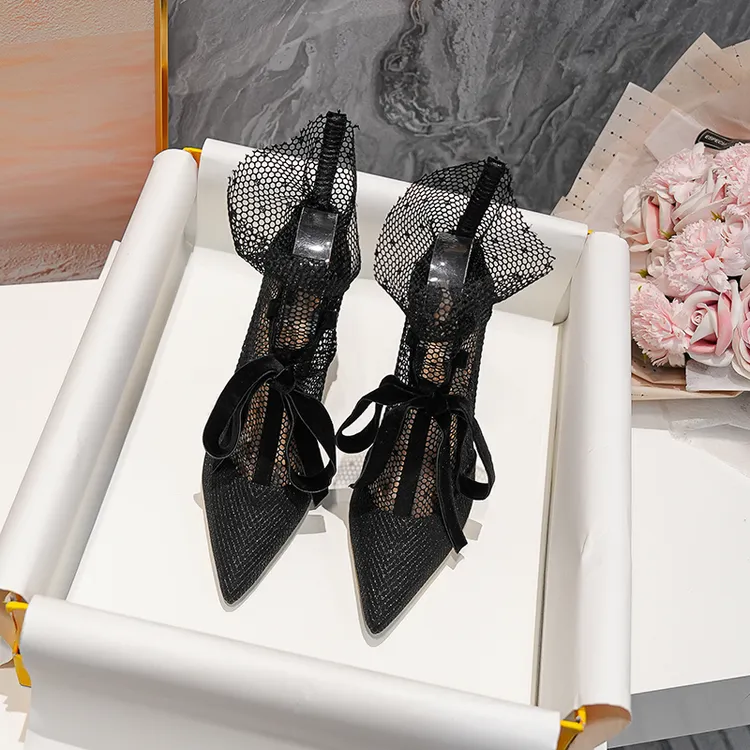 气质百搭凉靴绑带蝴蝶结细跟单女鞋2025春新款透气网靴高跟鞋