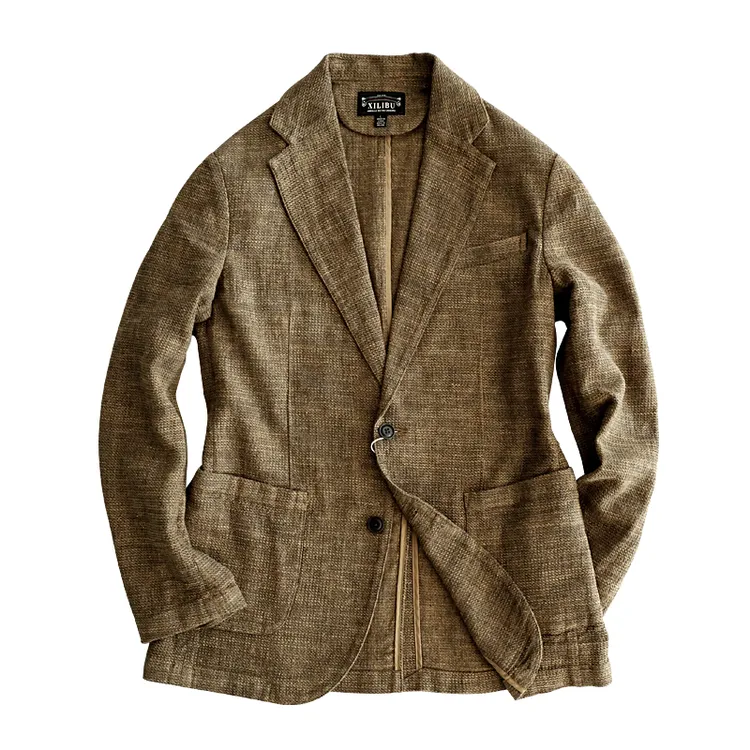 西里布C090复古棉麻商务简约休闲水洗外套男春秋新品欧版透气西服