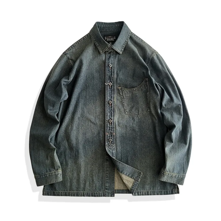 西里布S069美式复古元年全棉牛仔翻领衬衫男咔叽休闲拔染做旧水洗