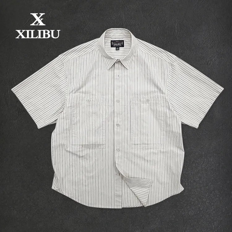 西里布S110日系复古条纹工装半袖衬衫全棉休闲宽松短袖夏季新品