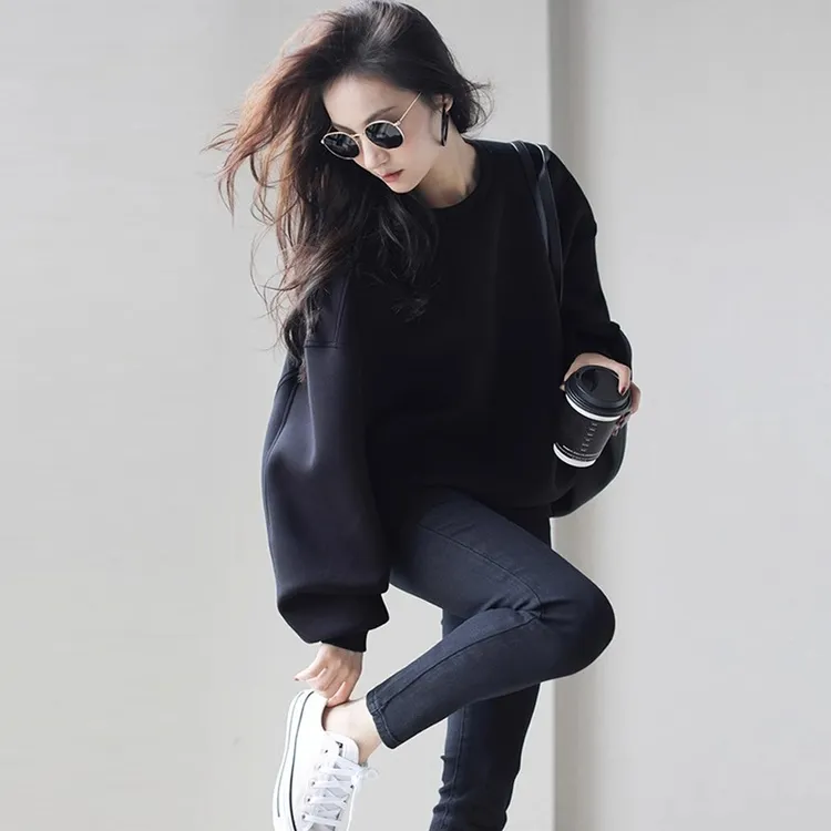 加绒卫衣女秋冬原创设计感小众炸街欧货时尚慵懒风圆领套头上衣潮