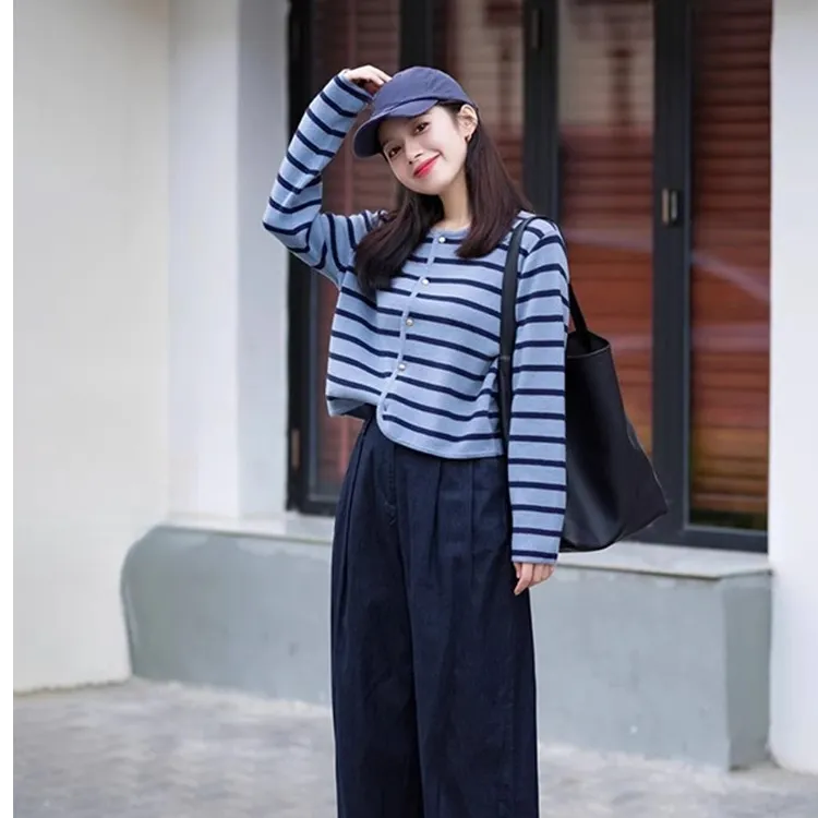 条纹针织衫女早秋季韩系氛围感慵懒风长袖罩衫美拉蓝穿搭chic上衣