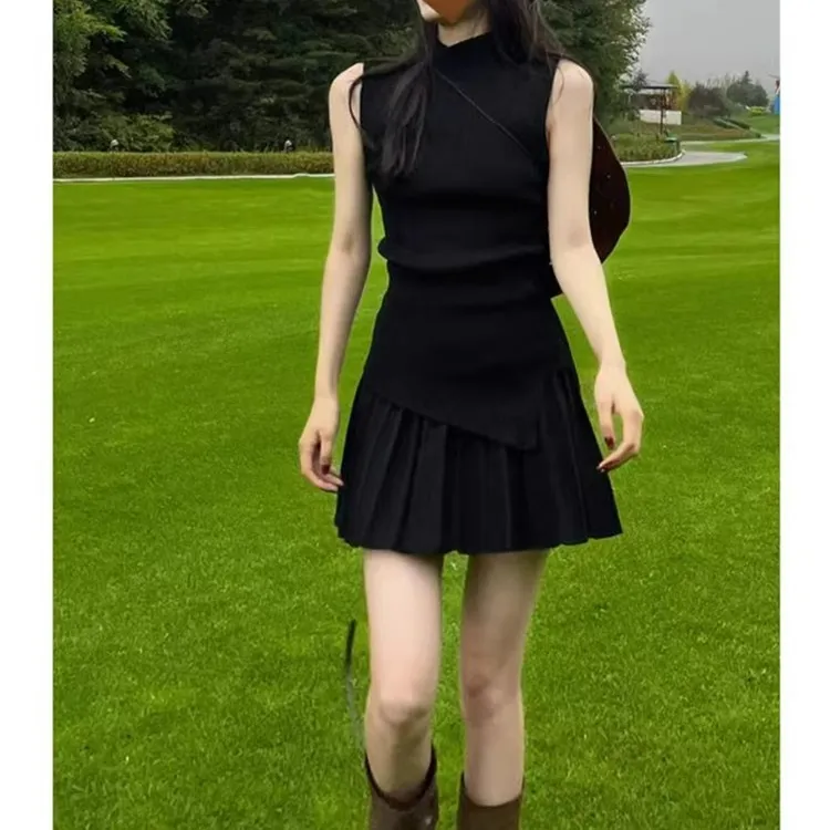 夏季半高领无袖背心针织衫百褶短裙运动感纯欲辣妹时尚休闲两件套