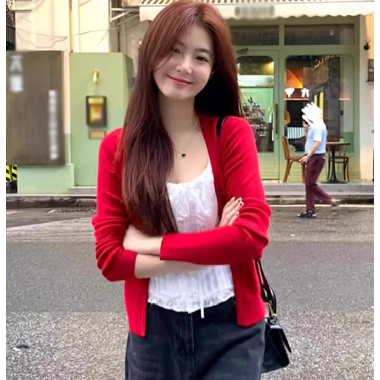 法式复古红色针织开衫女春夏薄款慵懒风防晒外套外搭空调罩衫上衣