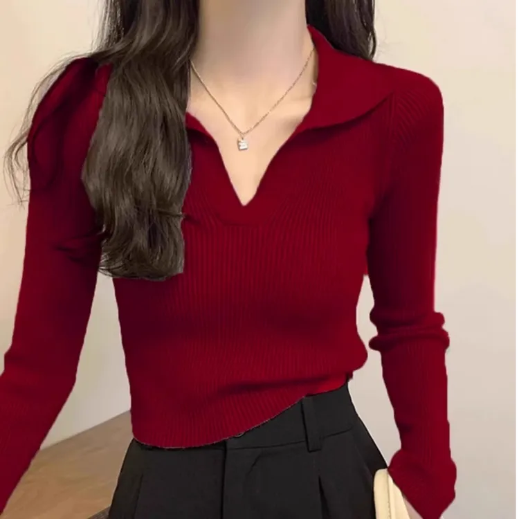 酒红色polo领针织衫女2025春秋新款修身显瘦打底衫高级感内搭上衣