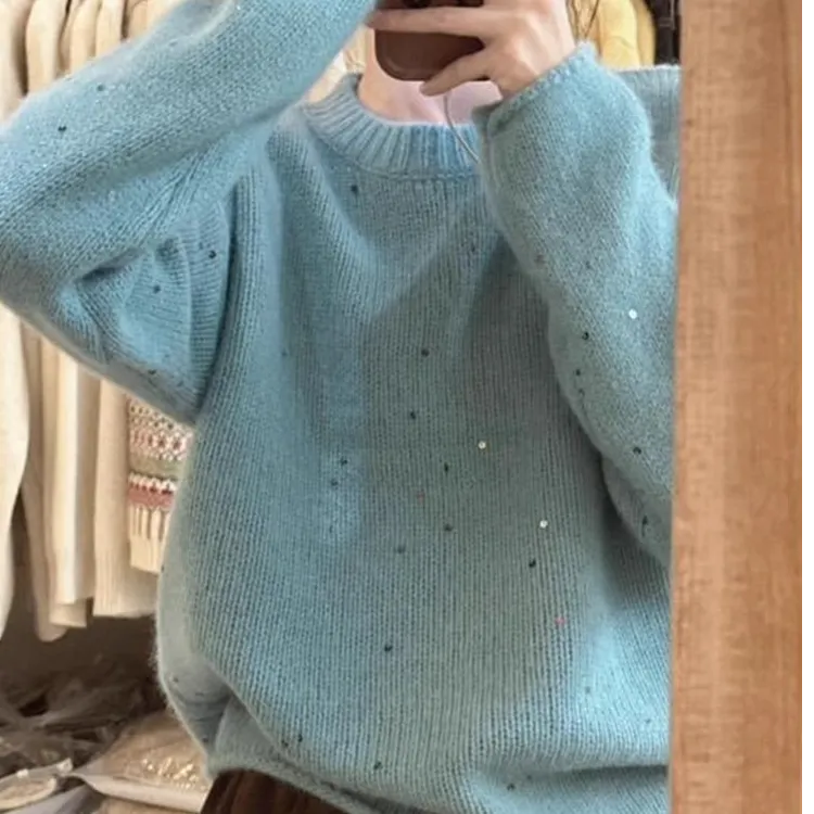 软糯奶fufu蓝色浣熊绒亮片毛衣女秋冬外穿小个子宽松套头针织上衣