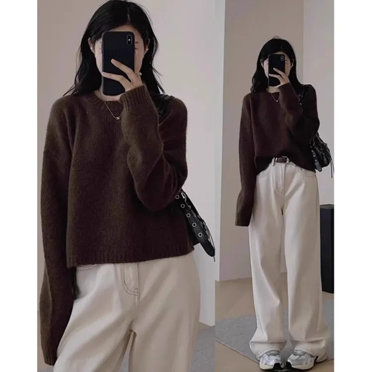 美拉德咖色套头短款毛衣女秋冬浣熊宽松慵懒风针织衫短款上衣外套