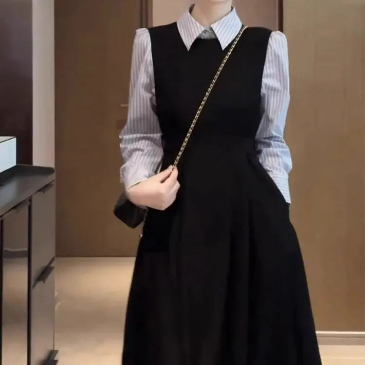 秋季穿搭一整套女高级感无袖马甲连衣裙叠穿polo领条纹衬衫两件套