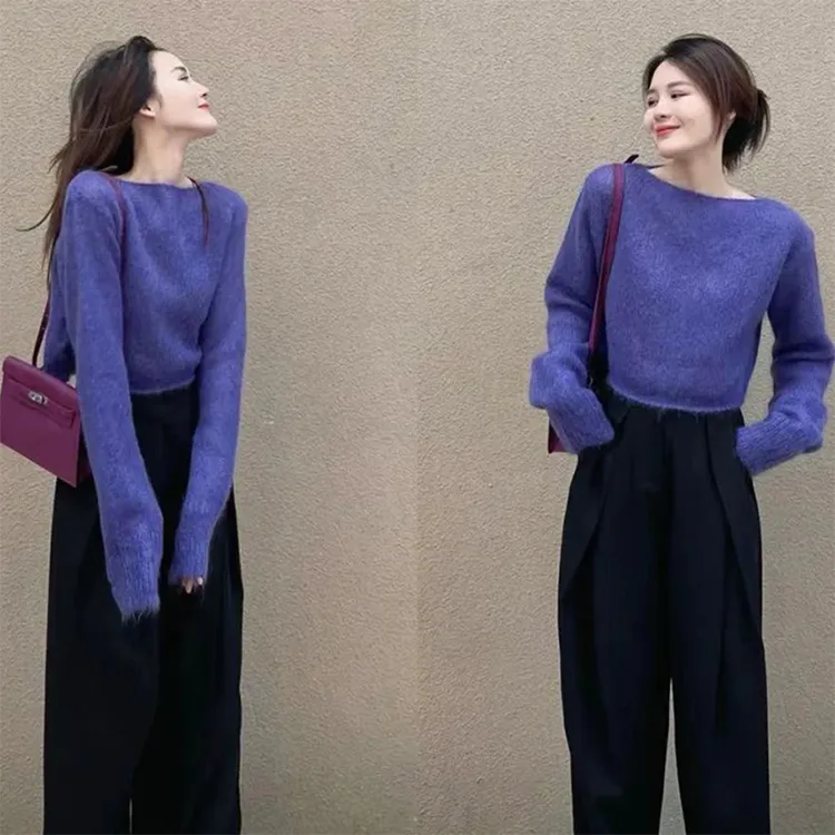 欧洲站紫色针织毛衣女2025年秋冬新款小众设计感宽松短款慵懒上衣
