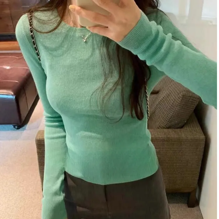 薄荷绿螺纹针织衫秋装女款2025年新款内搭打底衫长袖T恤正肩上衣