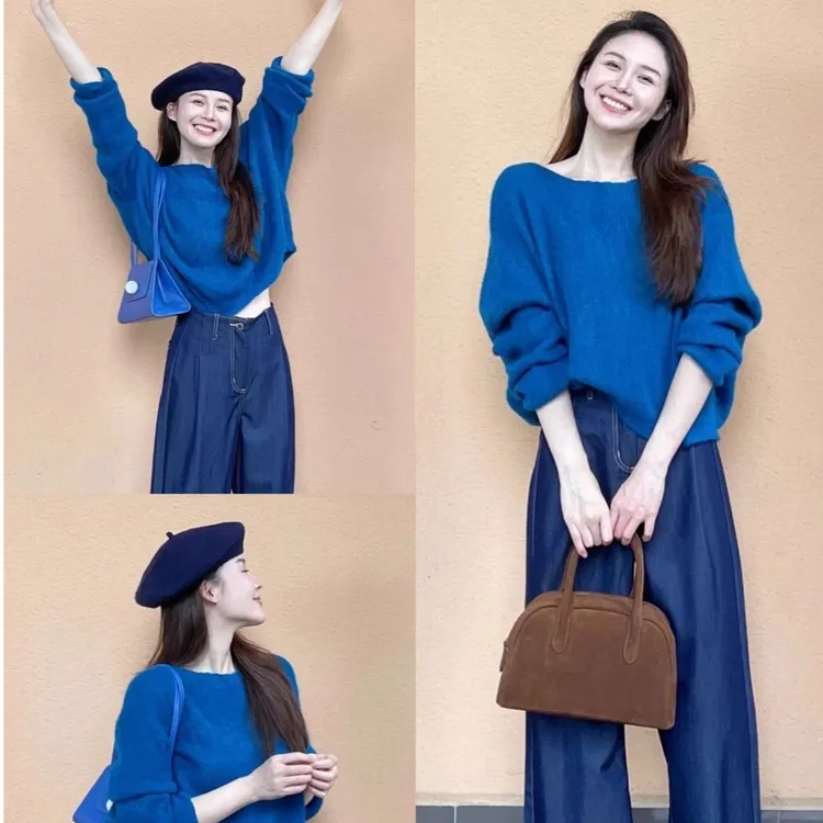 克莱因蓝毛衣女高贵洋气慵懒宽松设计感小众爆款针织打底衫秋冬季