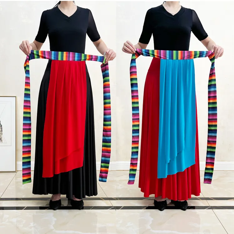 广场舞藏族舞民族舞蹈服装小围裙一片式长款裙子飘带跳舞服配饰