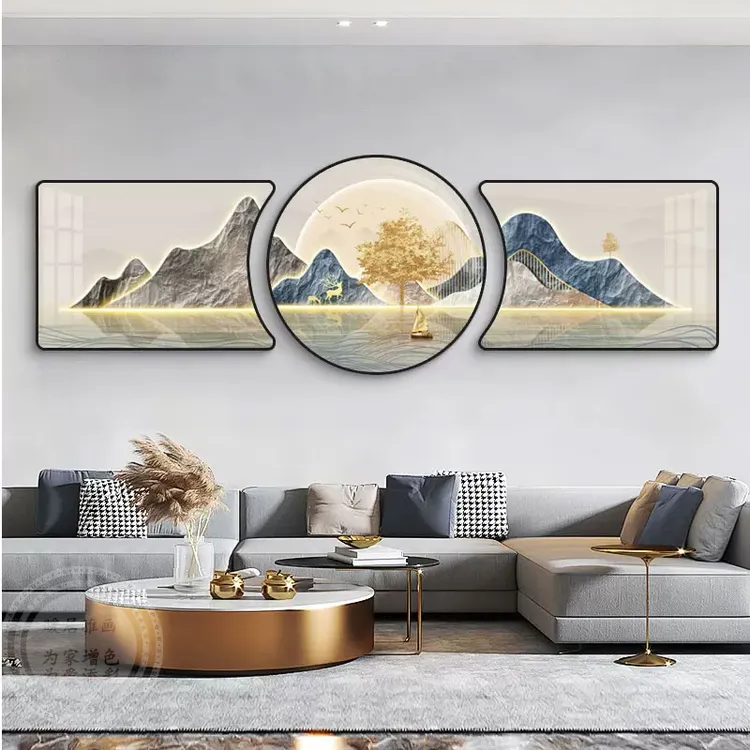 新款客厅装饰画珠联璧合新中式沙发背景挂画三联画轻奢晶瓷画