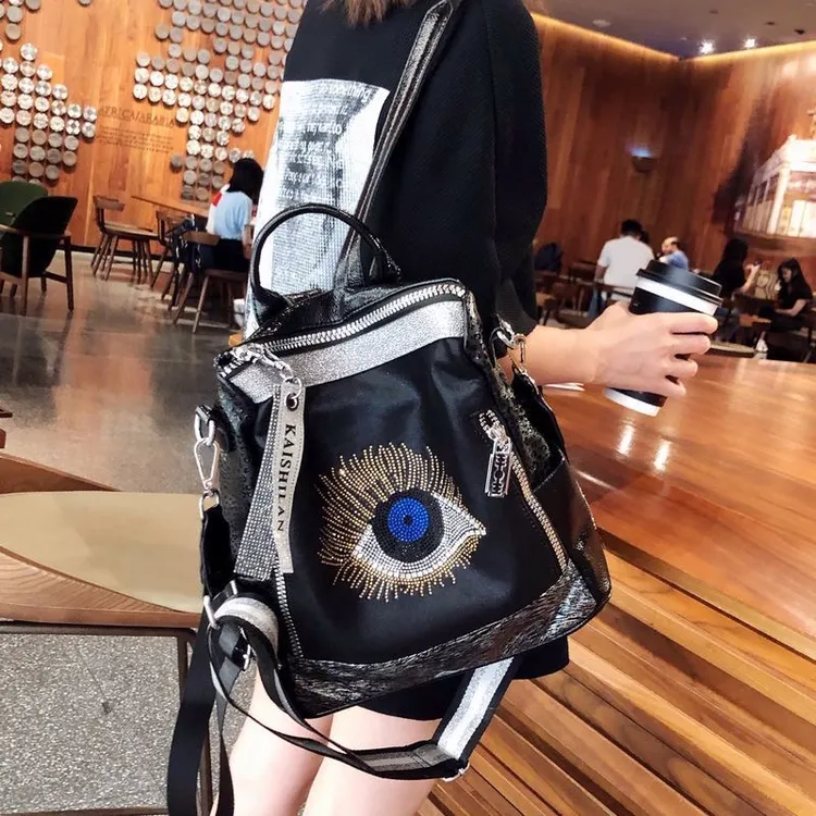 新款2025时尚高级感烫钻真皮双肩包女包多功能百搭水钻背包旅行包