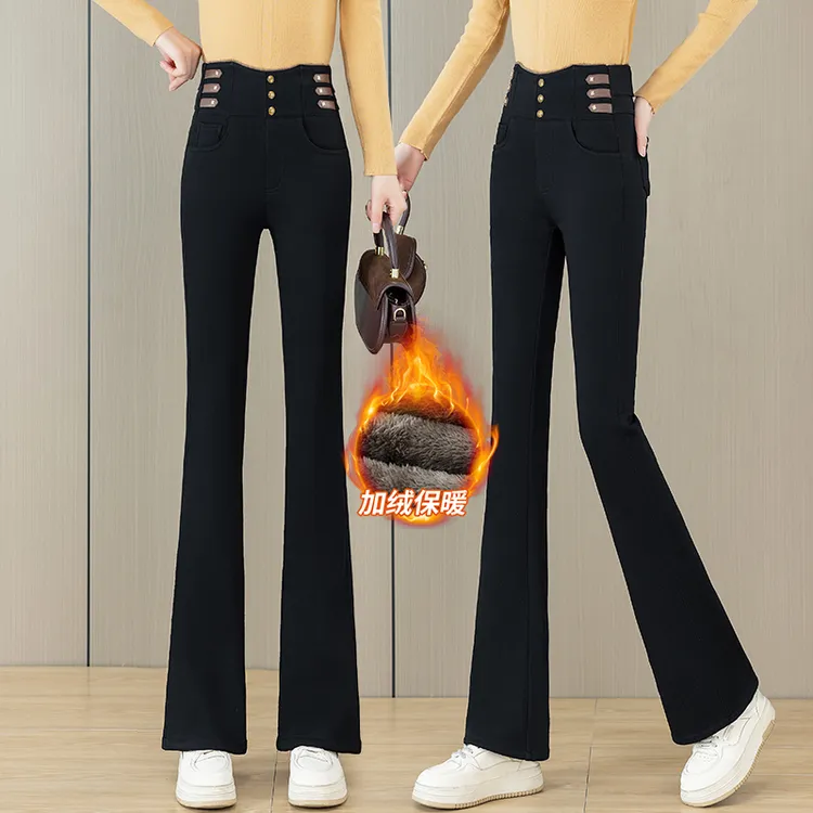 羊羔绒加厚加绒女小个子喇叭牛仔裤女款爆款2025新款松紧腰微喇裤