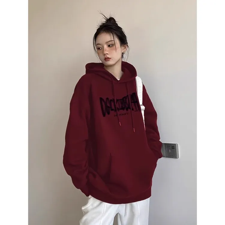 酒红色连帽卫衣女秋季2024新款爆款美式复古潮牌oversize上衣外套