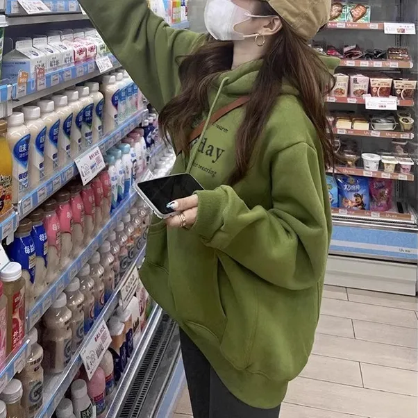 绿色连帽卫衣女中长款慵懒风秋冬韩版宽松休闲上衣加绒加厚春秋季