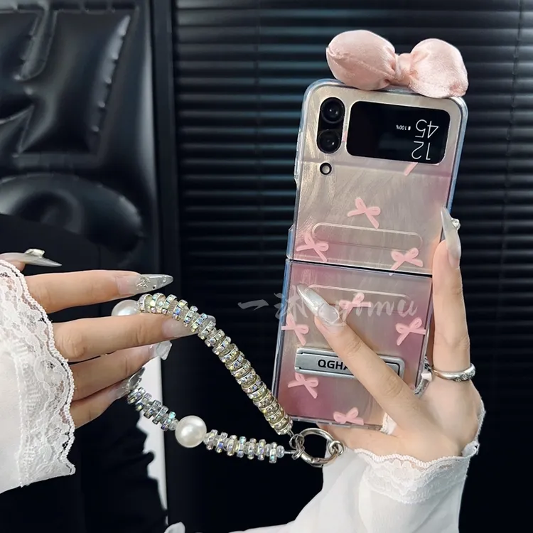 适用三星zflip4手机壳新款galaxy套zflip4羽纱晕染蝴蝶结支架女款