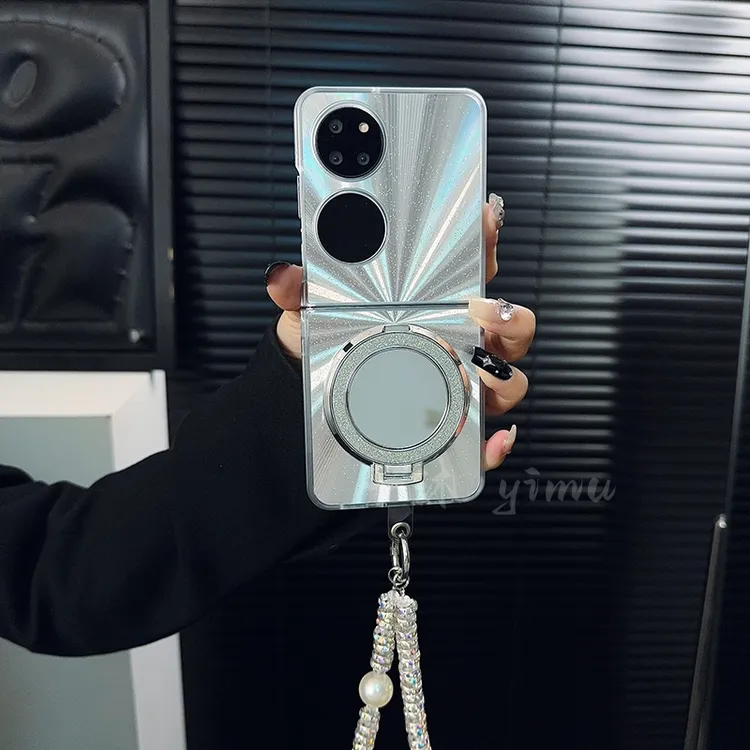 适用华为p50pocket手机壳新款pockets套pocket2闪粉镜子支架女款p