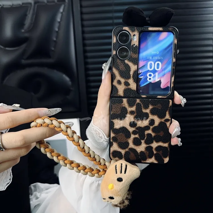适用oppofindn2flip手机壳新款n2flip套oppo高级秋冬豹纹蝴蝶结女
