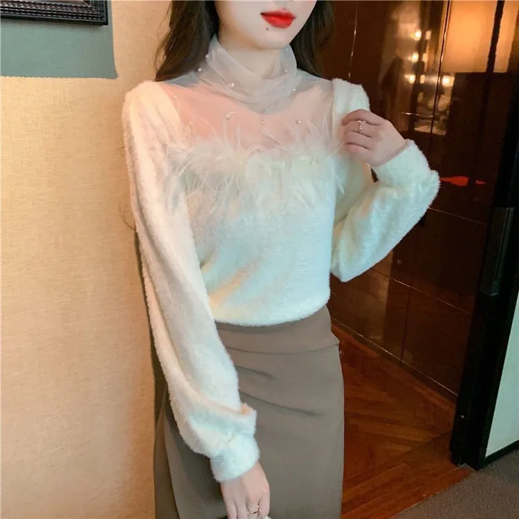 水貂绒毛衣女新款秋冬内搭洋气高级感网纱拼接半高领长袖上衣