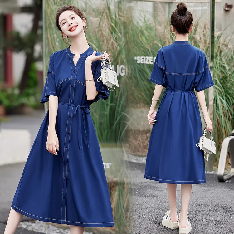 宽松连衣裙女装连衣裙气质洋气时尚夏季复古国风法式收腰中长款