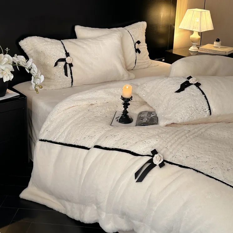 巢尔【星辰山茶】法式奶油小香风山茶花蝴蝶结牛奶绒被套床上用品