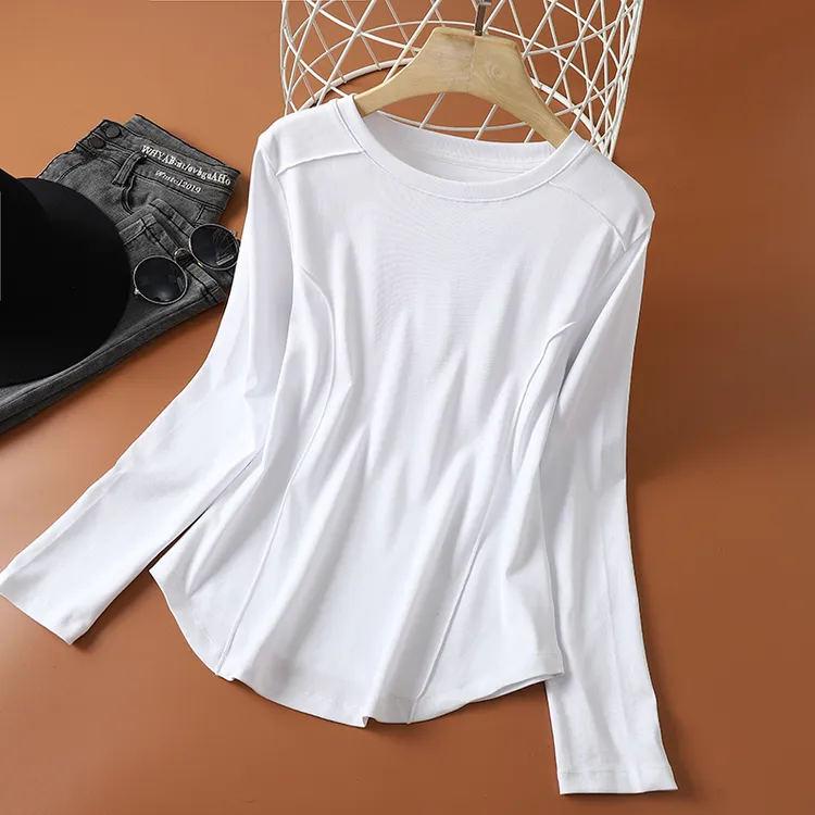 SkyINTL打底衫女2025新款秋冬鱼骨纹弧形显瘦上衣长袖白色t恤女