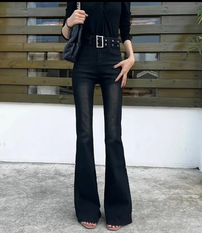 美式复古黑色喇叭牛仔裤女2025新款高腰显瘦腰带装饰辣妹修身喇叭