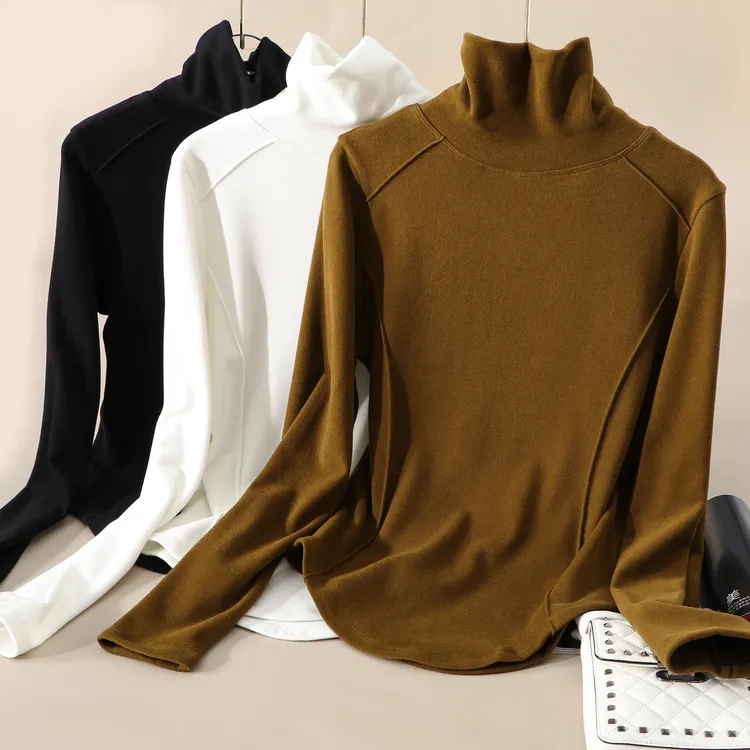 星有光 双面德绒高领弧形下摆修身打底衫女外缝拼接加绒加厚t恤