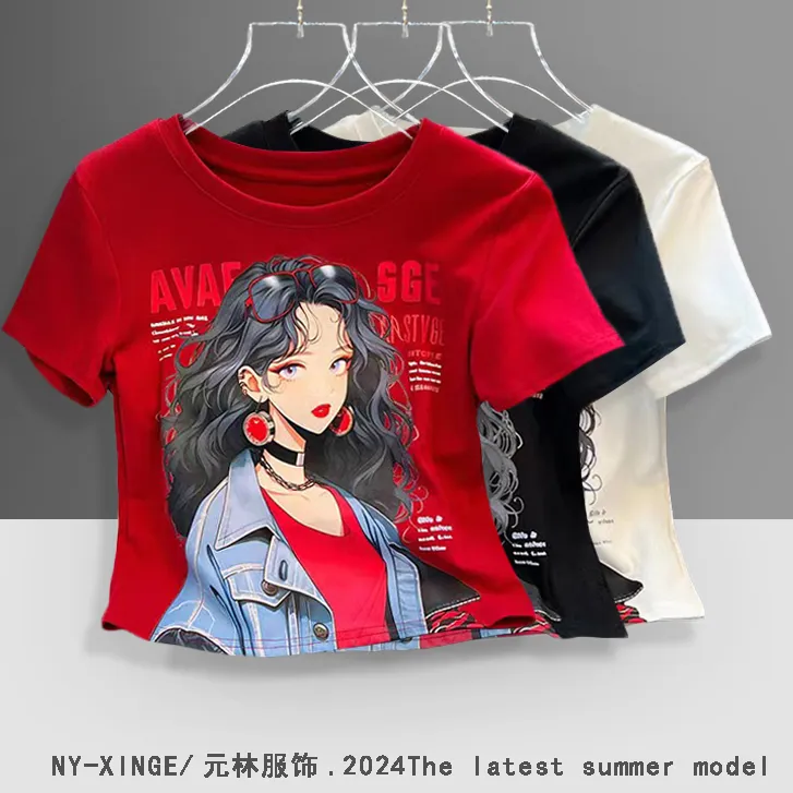 美式漫画少女短袖T恤女2024夏季新款印花显瘦短款辣妹上衣半袖