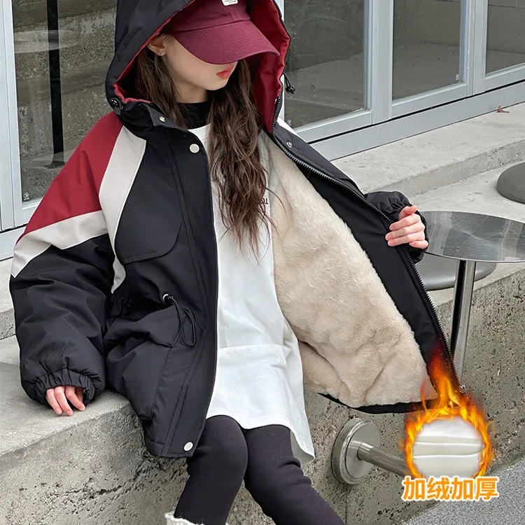 女童冬装加绒连帽派克服一件过冬儿童中长款加厚保暖洋气防风外套