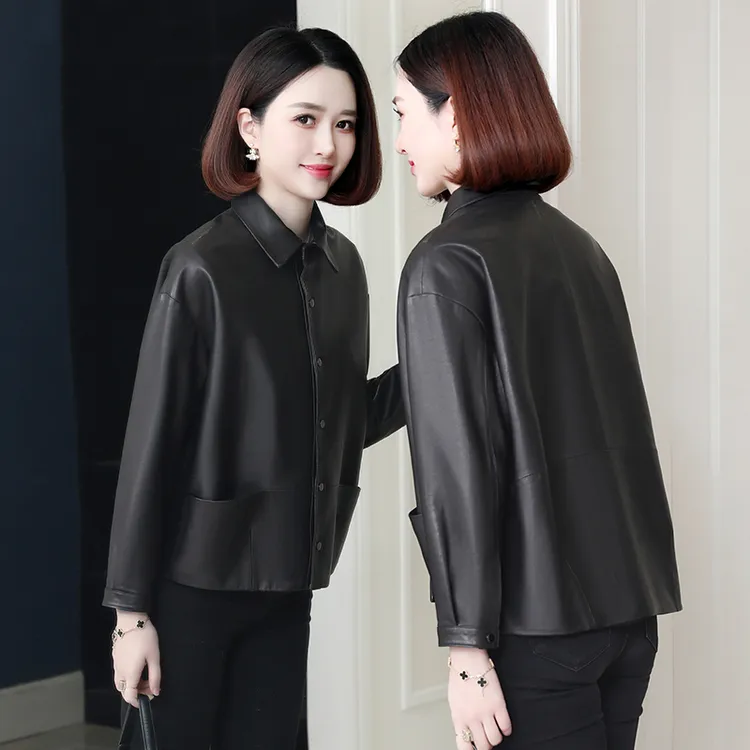 2023春季时尚新款海宁衬衫款真皮皮衣女短款宽松百搭柔软绵羊皮