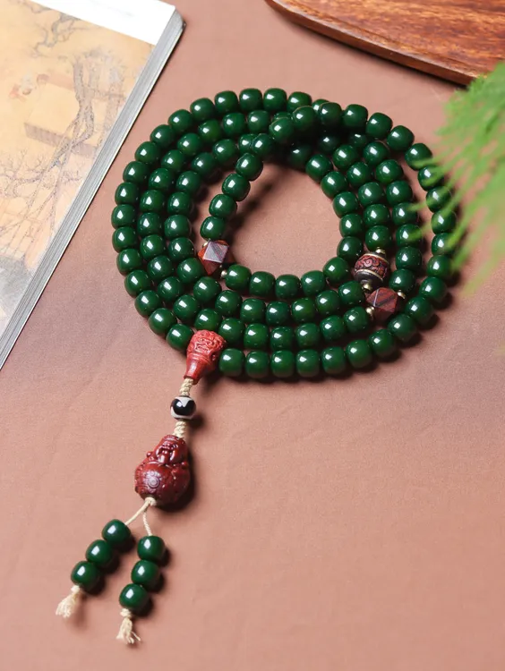 墨绿色菩提根老料10*11桶珠多圈108颗手串脖挂毛衣链男女百搭