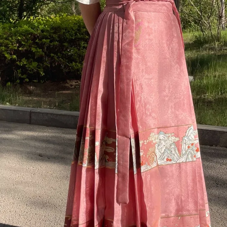 江山图马面裙粉色织金纱薄款伴娘服暗纹提花齐腰仙气飘逸日常汉服