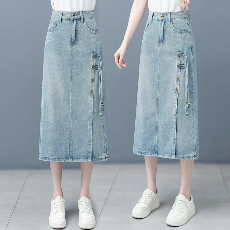 国风新中式开叉牛仔半身裙女夏季2025新款设计感高腰中长款A字裙