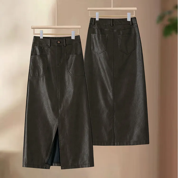 PU皮裙半身裙女秋冬2025年新款开叉A字中长裙高腰直筒一步包臀裙