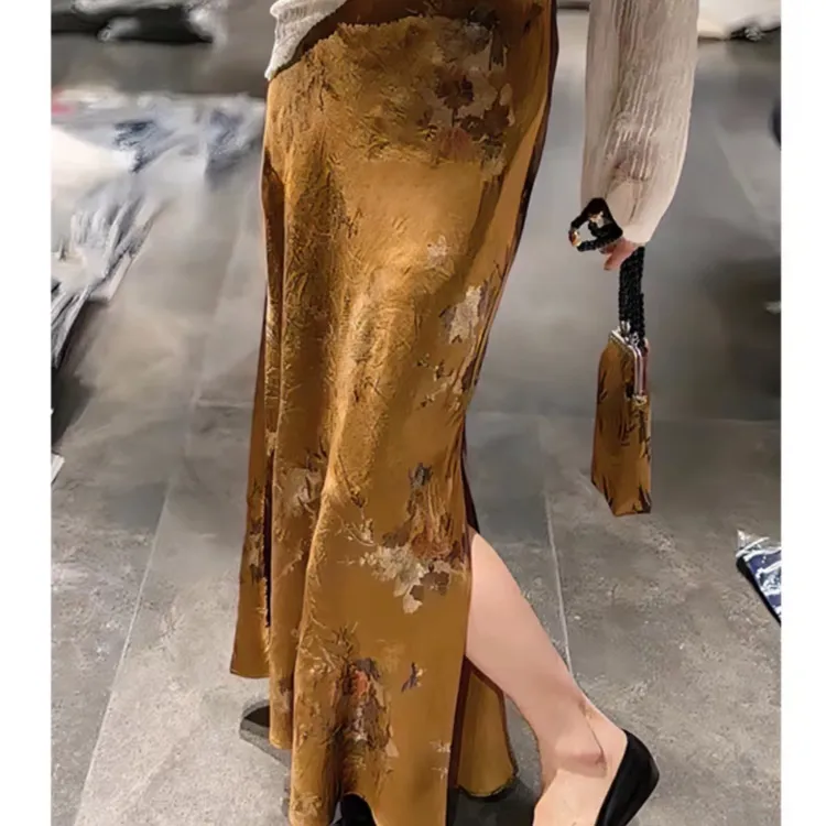 【妙姿生花】惊艳出镜优雅法式褶皱醋酸高腰开叉半身裙女尖货醋酸皱