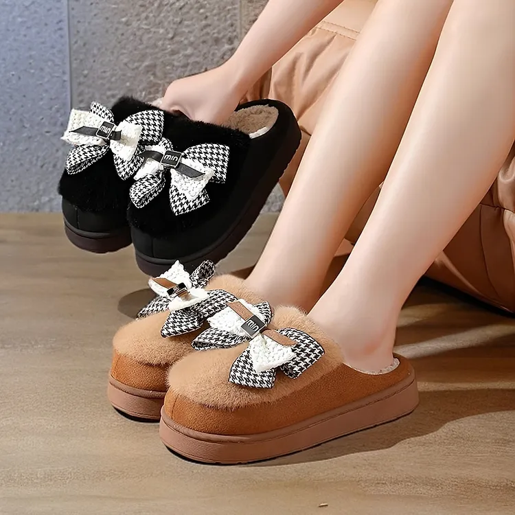 现货棉拖鞋女秋冬季新款室内家居厚底保暖居家用蝴蝶结毛毛绒拖鞋