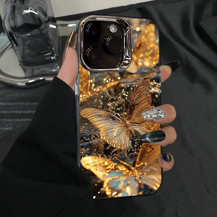 鎏金蝴蝶适用苹果16promax手机壳女创意小众个性防摔新款全包高级